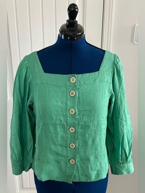 J. Crew Green Square-Neck Button Front Linen Top